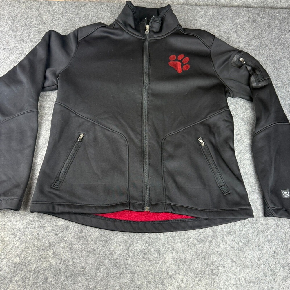 Ogio Black Long Sleeve Full-Zip Softshell Jacket Size M Red Pawprint Fleece line